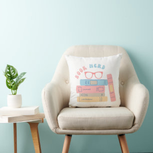 Book Nerd Girl Retro Design Throw Pillow