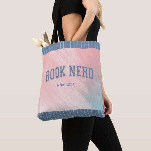 Book Nerd Pink Blue Watercolor Stripes  Tote Bag