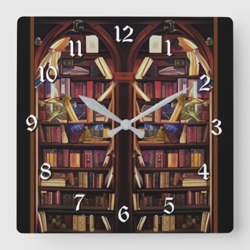 Book Nook Bookshelves Square Wall Clock