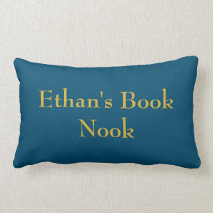 Book nook cushion, blue & gold, customizable lumbar pillow