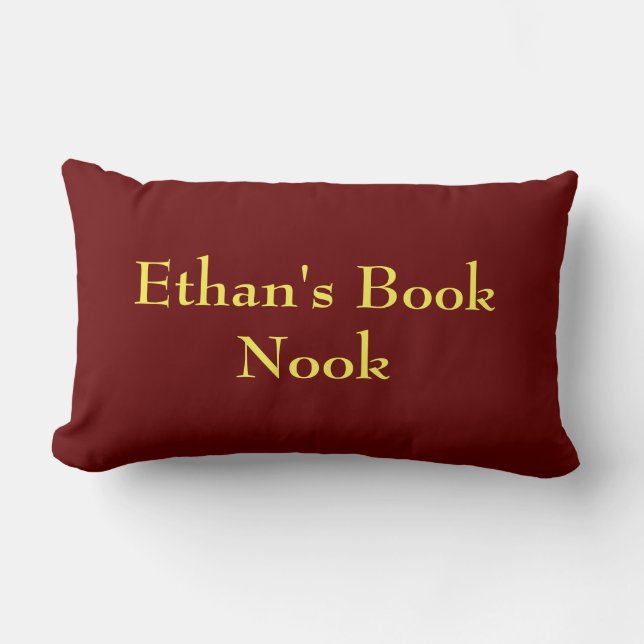 Book nook cushion, deep red & yellow, customizable lumbar pillow (Front)