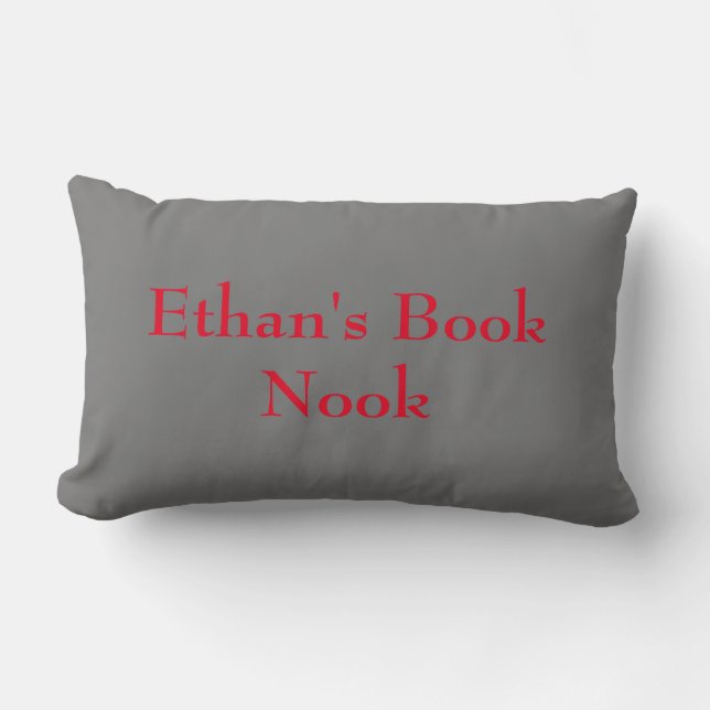 Book nook cushion, gray & red, customizable lumbar pillow (Front)