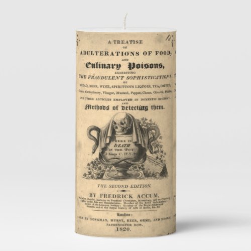 Book of culinary poison from 1820 antique skull pillar candle