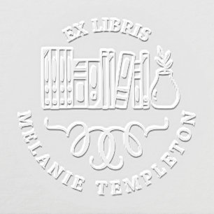 Book on Shelf with Plant Ex Libris Round Name Embosser