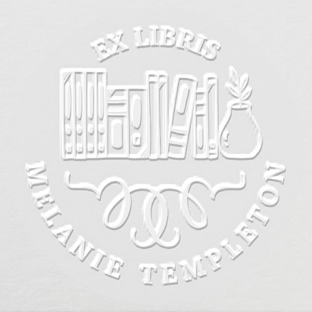 Book on Shelf with Plant Ex Libris Round Name Embosser (Design)
