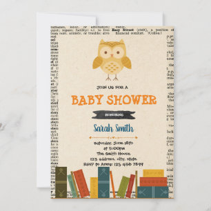 Book owl baby shower invitation card