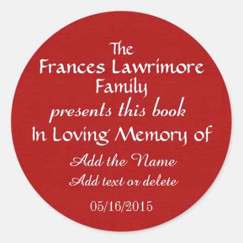 Book Plate In Memory Sticker