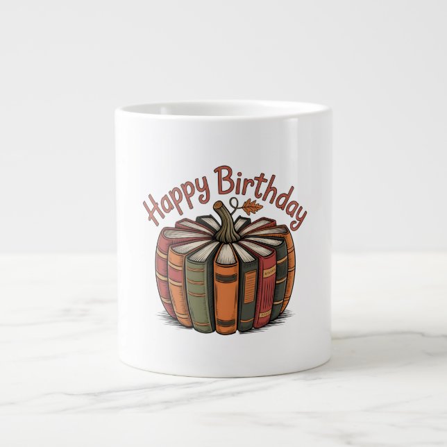 Book Pumpkin Happy Birthday Giant Coffee Mug (Front)