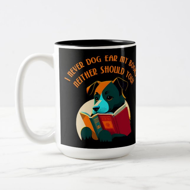 Book Puppy Dog Ear Humor Two-Tone Coffee Mug (Left)
