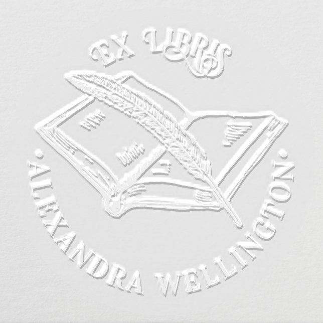Book & Quill Ex Libris Library Book Name Round Embosser (Design)