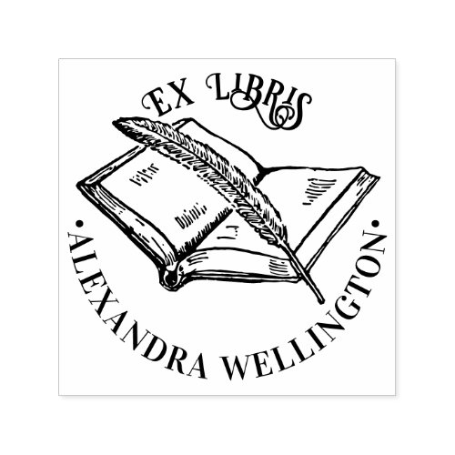 Book  Quill Ex Libris Library Book Name Round Self_inking Stamp