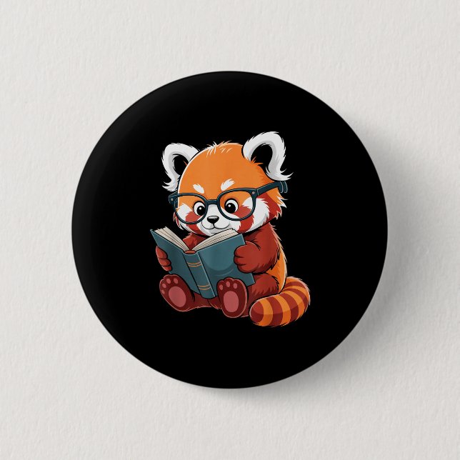 Book reading red panda reader animal cute red button (Front)