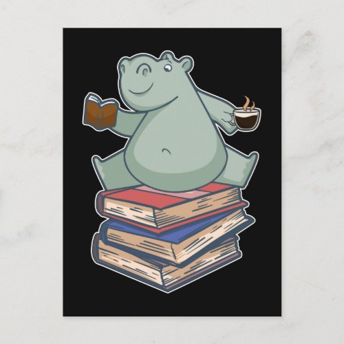 Book Reading Tea Coffee Kawaii Bookworm Hippo Postcard