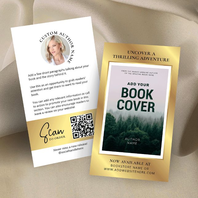 Book Release Author Photo Marketing Faux Gold Business Card (Faux Gold book launch marketing business cards with custom book cover and QR code on the back)
