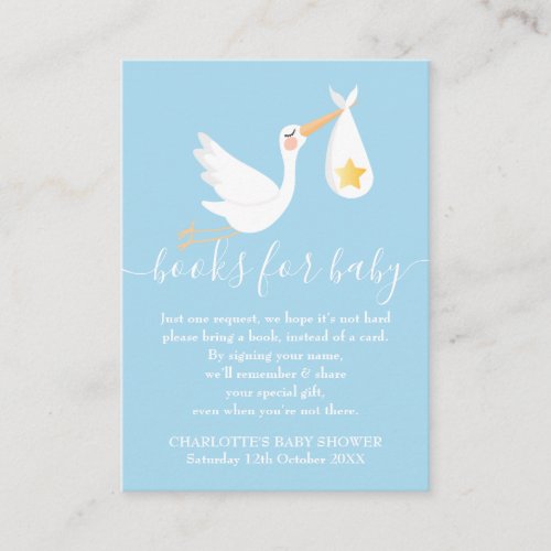 Book Request Baby Shower Stork Gold Star Blue Enclosure Card