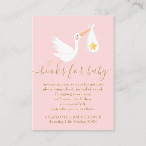 Book Request Baby Shower Stork Gold Star Pink Enclosure Card