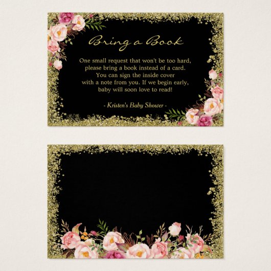 Book Request Card Black Gold Glitter Pink Floral (Front & Back)