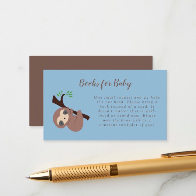 Book Request Card Cute Sloth Baby Shower Blue boy (Front/Back In Situ)
