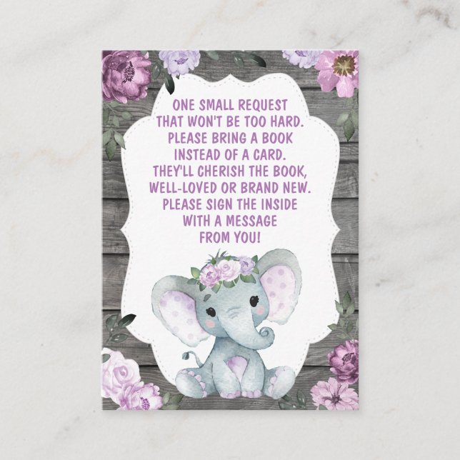 Book Request Card Girl Elephant Shower Purple (Front)