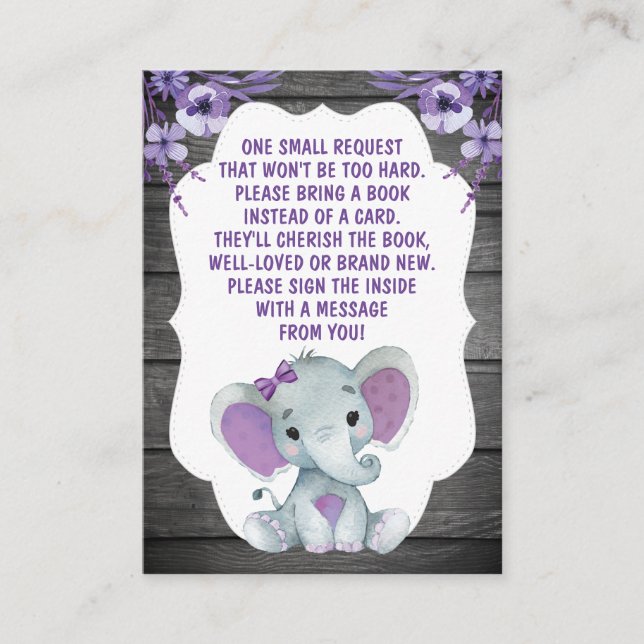 Book Request Card Girl Elephant Shower Purple (Front)