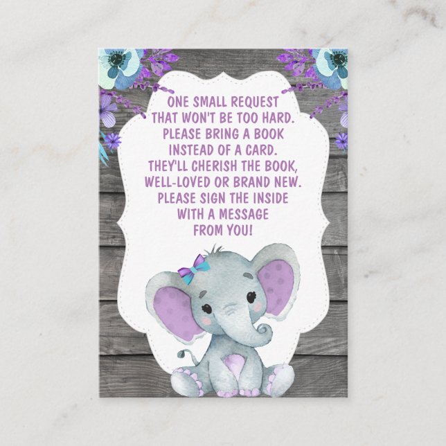 Book Request Card Girl Elephant Shower Purple Teal (Front)