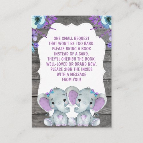 Book Request Twins Elephants Shower Purple Teal Enclosure Card