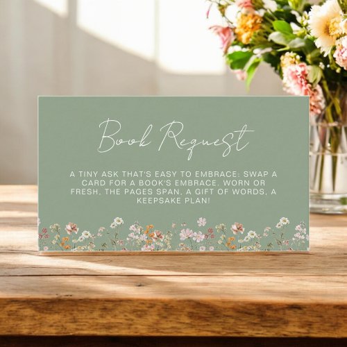Book Request Wildflower Sage Green Baby Shower Enclosure Card by Pretty Girly Designs
