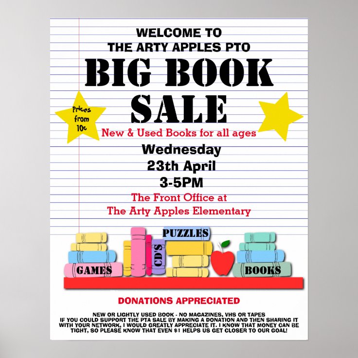 book sale PTA school fundraising poster Zazzle