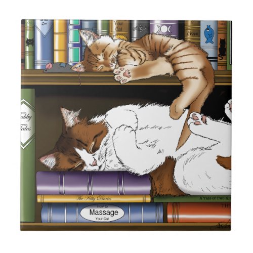 Book Shelf Cats Library Tile