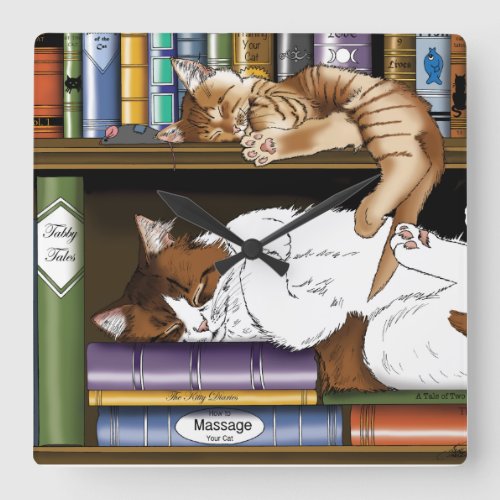 Book Shelf Cats Square Wall Clock