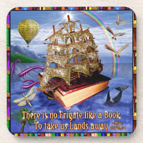 Book Ship Ocean Scene with Emily Dickinson Quote Beverage Coaster