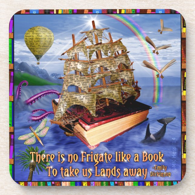 Book Ship Ocean Scene with Emily Dickinson Quote Beverage Coaster (Front)