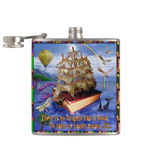Book Ship Ocean Scene with Emily Dickinson Quote Flask