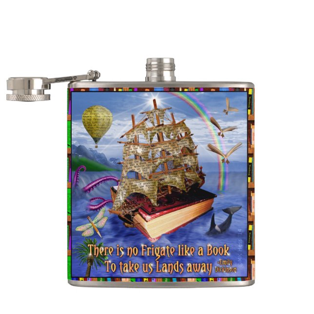 Book Ship Ocean Scene with Emily Dickinson Quote Flask (Opened)
