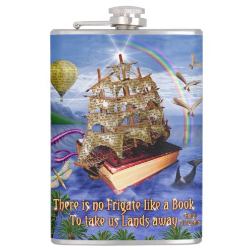 Book Ship Ocean Scene with Emily Dickinson Quote Hip Flask