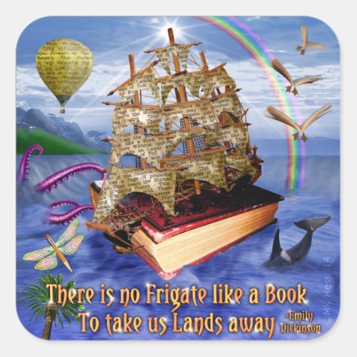 Book Ship Ocean Scene with Emily Dickinson Quote Square Sticker