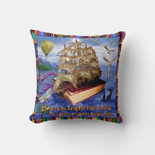 Book Ship Ocean Scene with Emily Dickinson Quote Throw Pillow