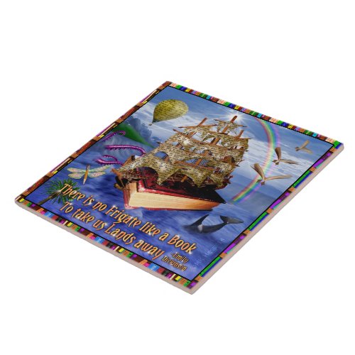 Book Ship Ocean Scene with Emily Dickinson Quote Tile