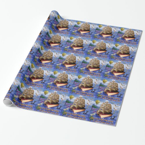 Book Ship Ocean Scene with Emily Dickinson Quote Wrapping Paper