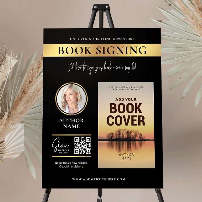 Book Signing Book Cover Author Photo Black & Gold Foam Board (Modern black and gold Book Signing Event foam board sign design with your custom photos and text)