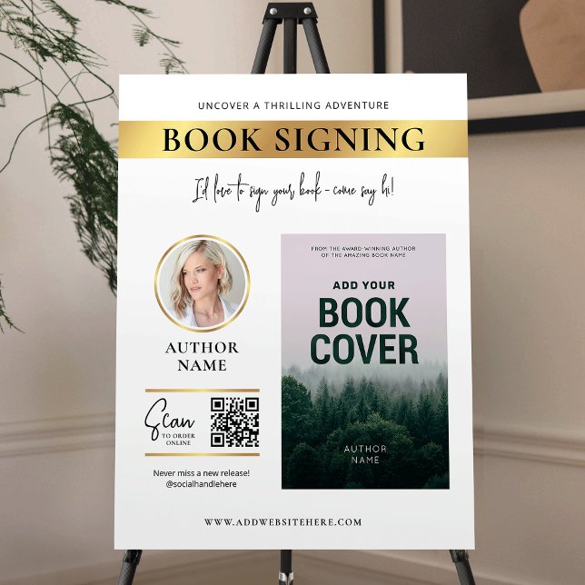Book Signing Book Cover Author Photo White & Gold Foam Board (Elegant white and gold book launch sign design for your book signing event)