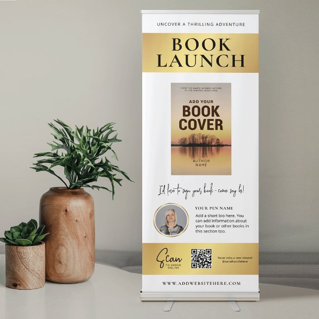 Book Signing Custom Author Photo White & Gold Retractable Banner (Creator Uploaded)