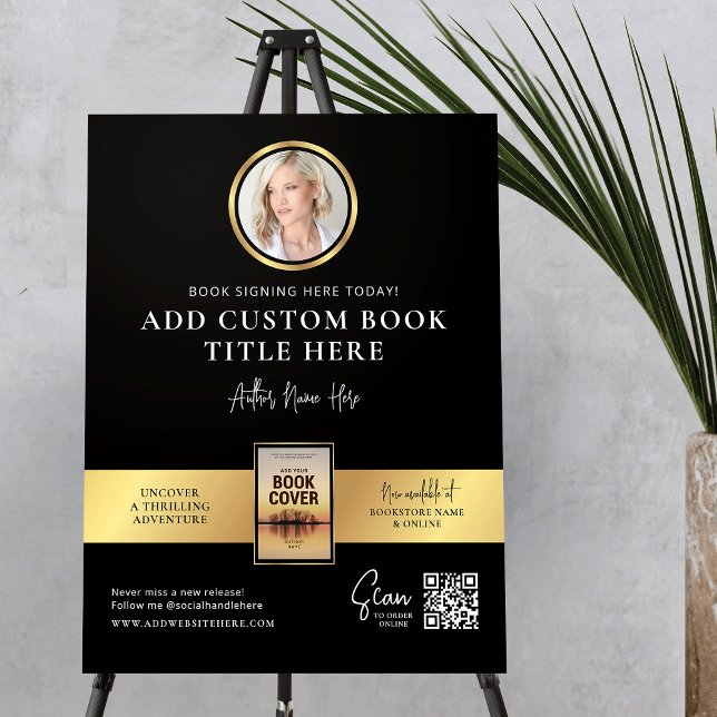 Book Signing Event Author Photo QR Code Black Gold Foam Board (Elegant black and gold book promotion foam board sign design with your custom photos and text)