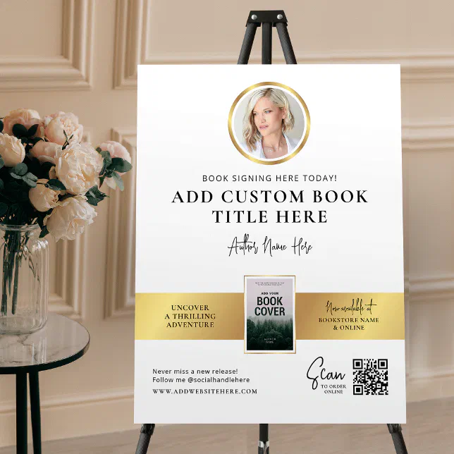 Book Signing Event Author Photo QR Code Faux Gold Foam Board | Zazzle