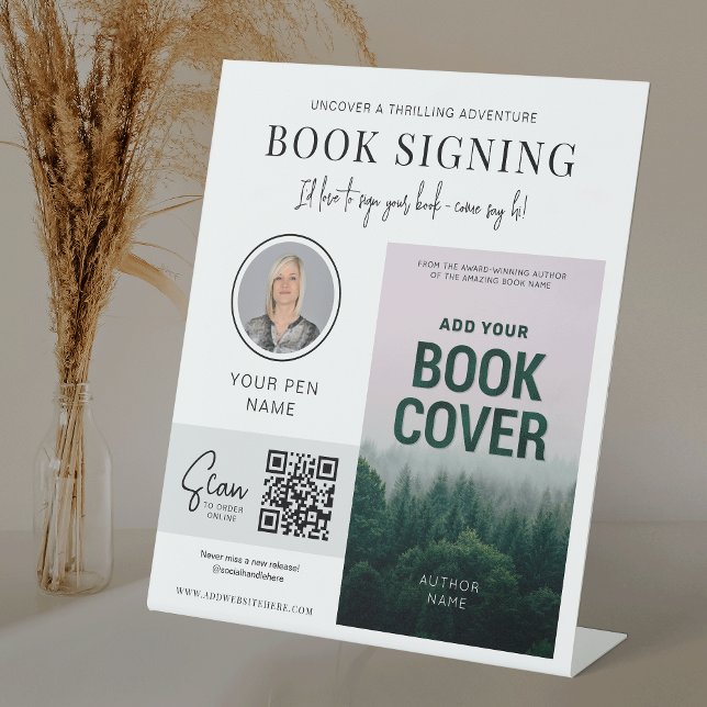Book Signing Event Book Cover Author Photo Pedestal Sign (Modern Fully Editable Book Cover Sign For Book Singing Event)