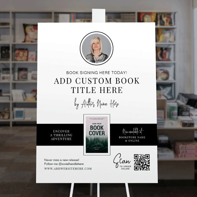 Book Signing Event Meet The Author Photo QR Code Foam Board (Book launch promotional event sign in minimalist black & white with your author photo and book cover)