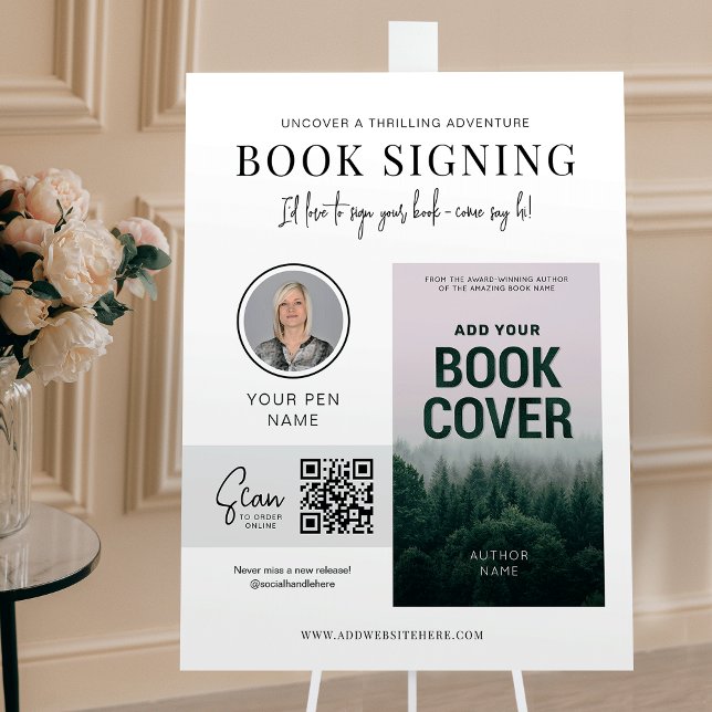 Book Signing  Event Sign Book Cover Author Photo (Minimalist book signing promotional sign design with fully editable text, colors & images.)