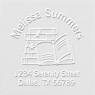 Book Stack and Open Book Address Bookplate Embosser