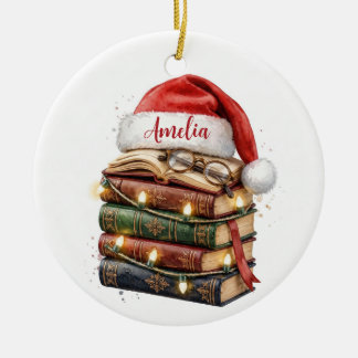 Book Stack Christmas Custom Name 2026 Ceramic Ornament