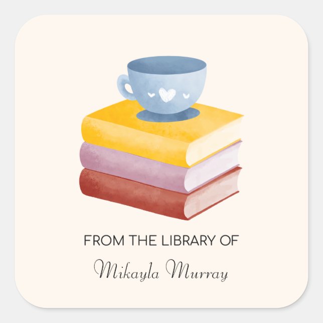 Book Stack & Coffee Cup Personalized Bookplate (Front)